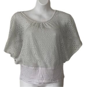 White crochet flutter sleeve top with built in cami and banded waist - size S